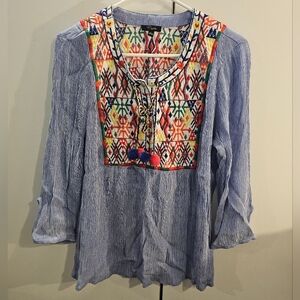 Cupio Blue and Orange Graphic Bib Collar Blouse